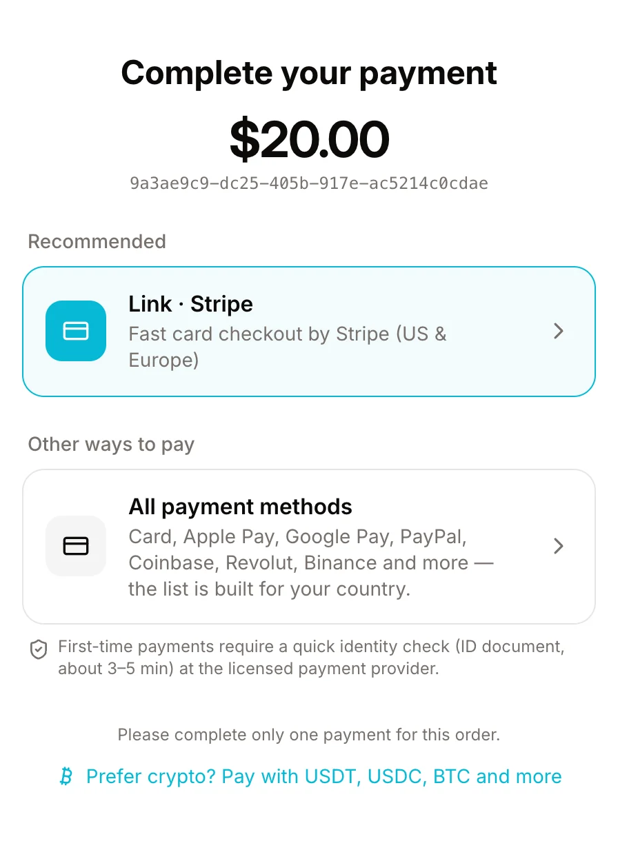 Our checkout page showing Stripe/Link and the All payment methods option