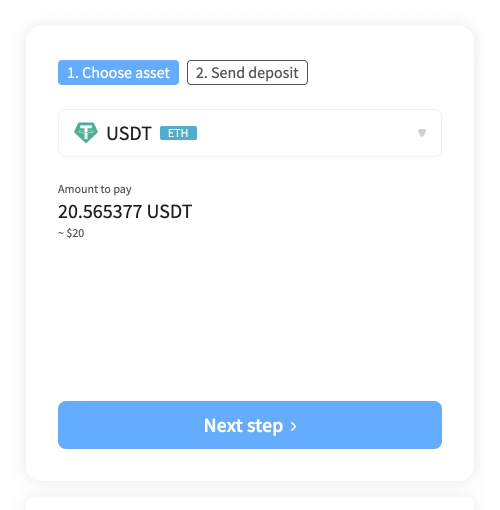 NOWPayments crypto checkout showing the currency selection screen