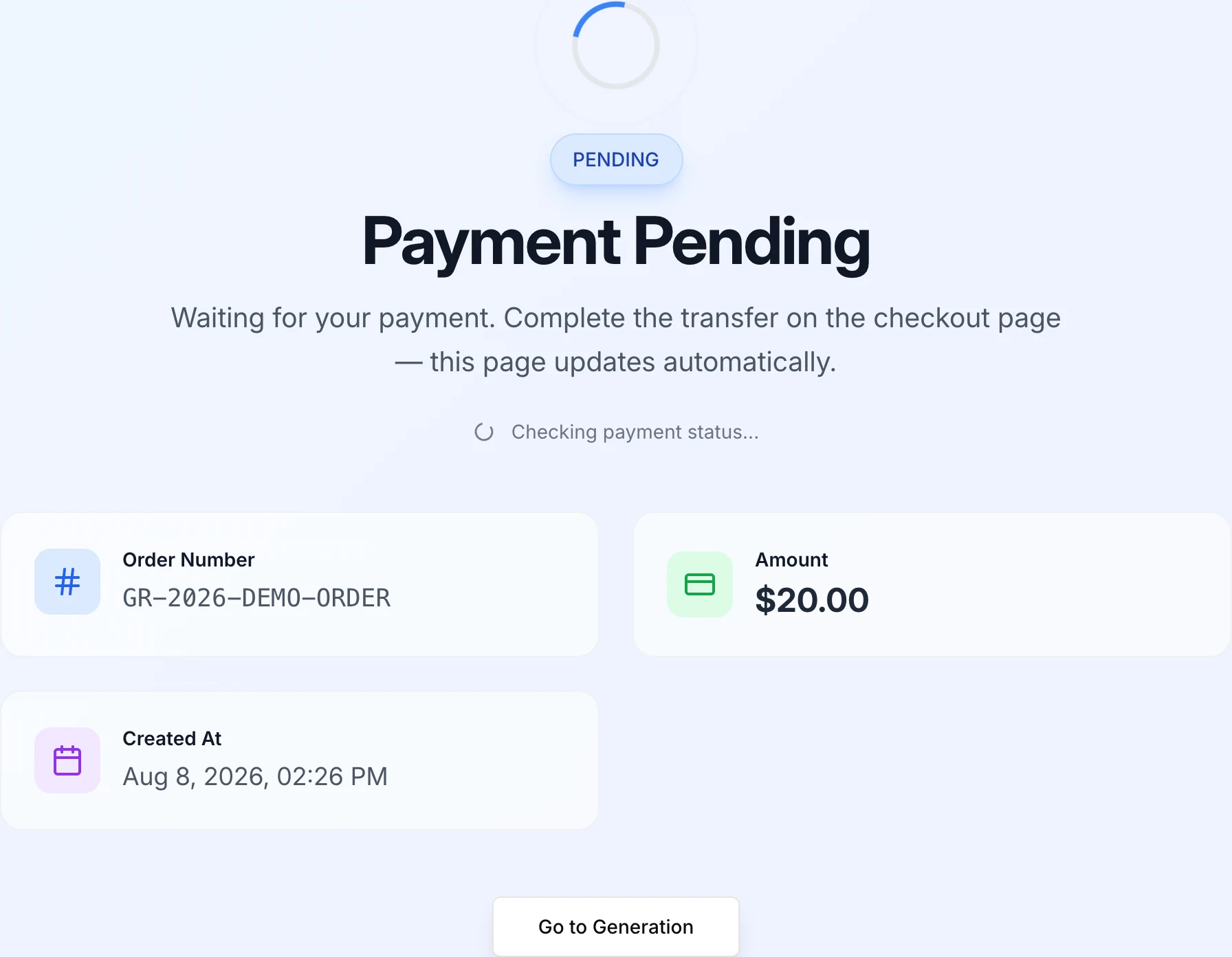 Order status page that updates automatically until your payment is confirmed