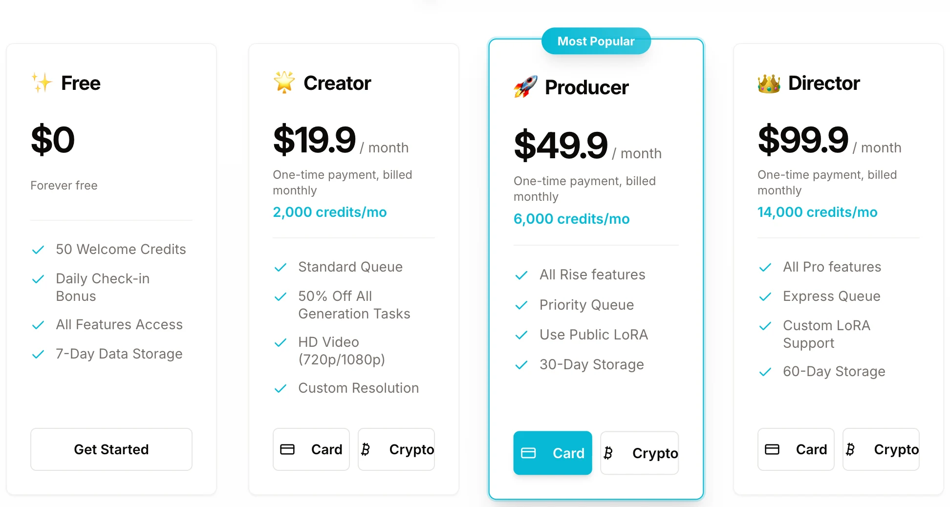 Pricing page showing the Card and Crypto payment buttons on each plan